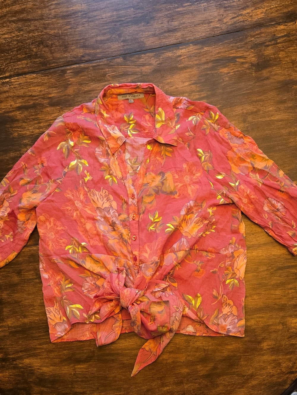 Alex & Parker Tropical Tie-Front Button Shirt - Coral Orange Blend